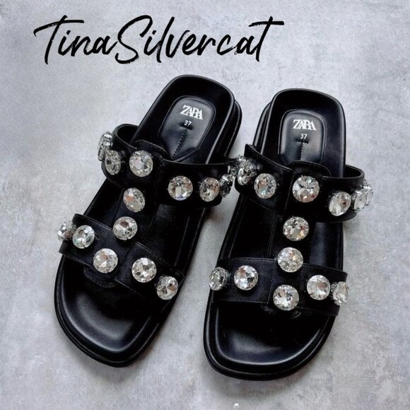 BLOGGER'S FAVE! Zara Faux Leather Gem Sandals Black NWT - Picture 3 of 13